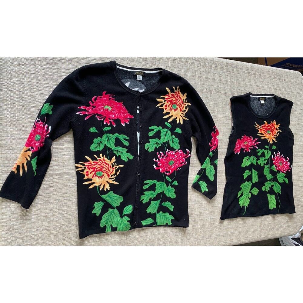 Elizabeth NY Black Floral Beaded Sequin Cardigan M and Tank Top L
